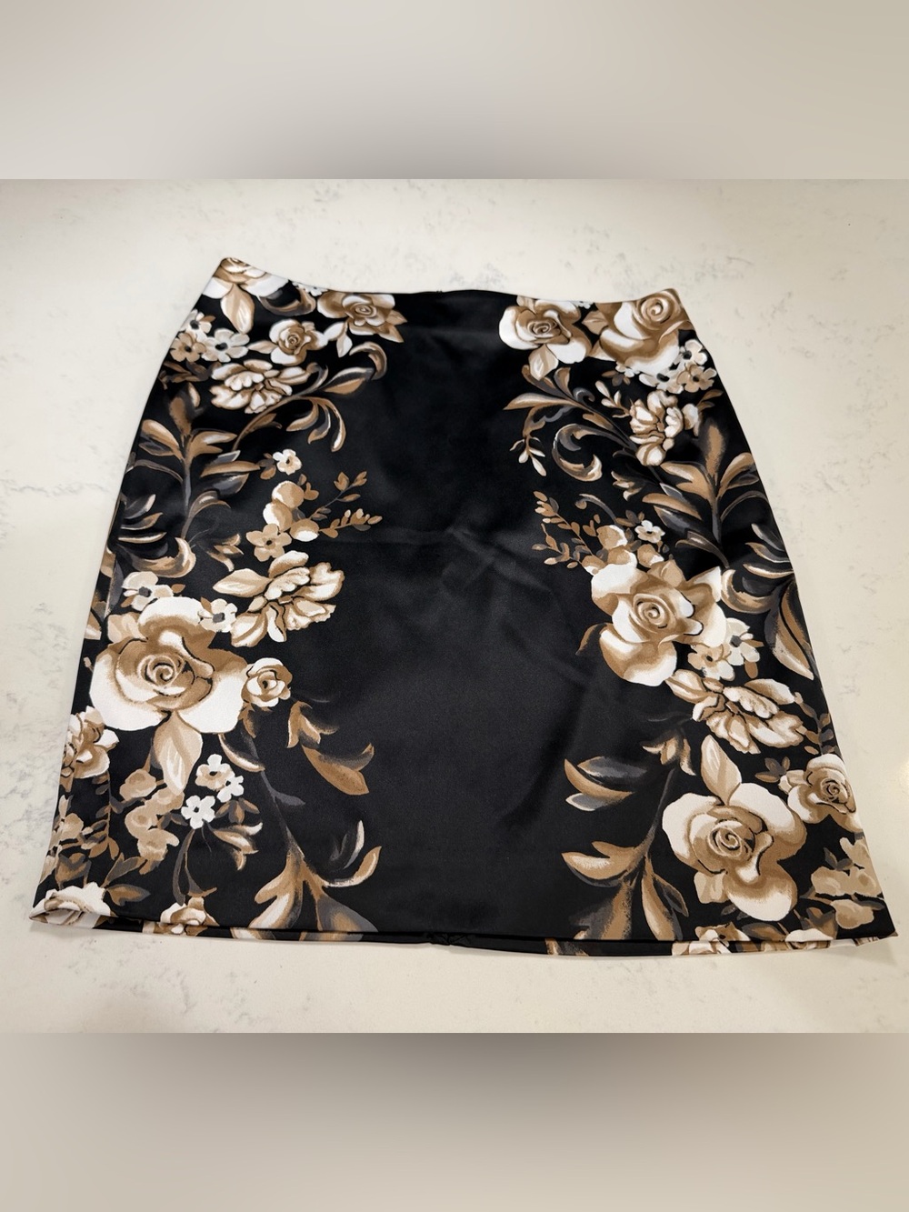 White House Black Market Black Satin Mini Skirt with Beige Floral Print - Picture 9 of 16
